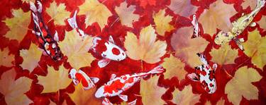 Yellow Leaves and Colored Koi Fish in Red Bottom Pool. thumb
