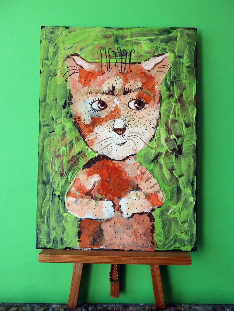 Original Impressionism Cats Painting by Rakhmet Redzhepov