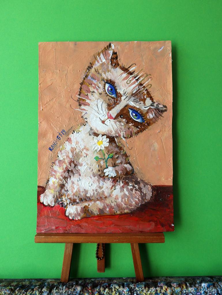 Original Impressionism Cats Painting by Rakhmet Redzhepov