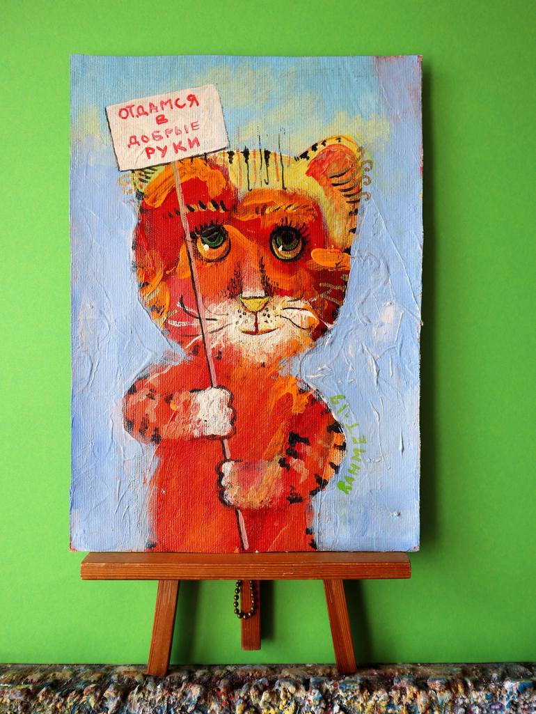 Original Expressionism Cats Painting by Rakhmet Redzhepov