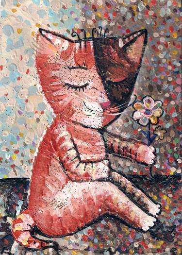 Ginger fluffy cat Animal Original oil painting on canvas board A5 Painting  by Elena Ivanova