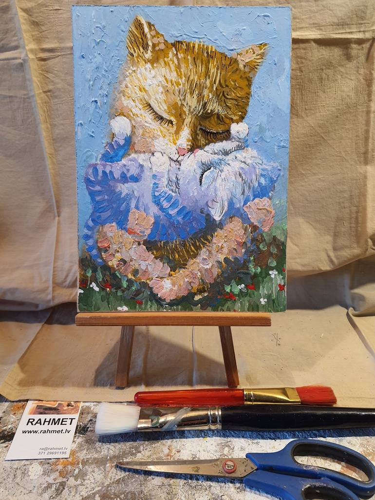 Original Impressionism Cats Painting by Rakhmet Redzhepov