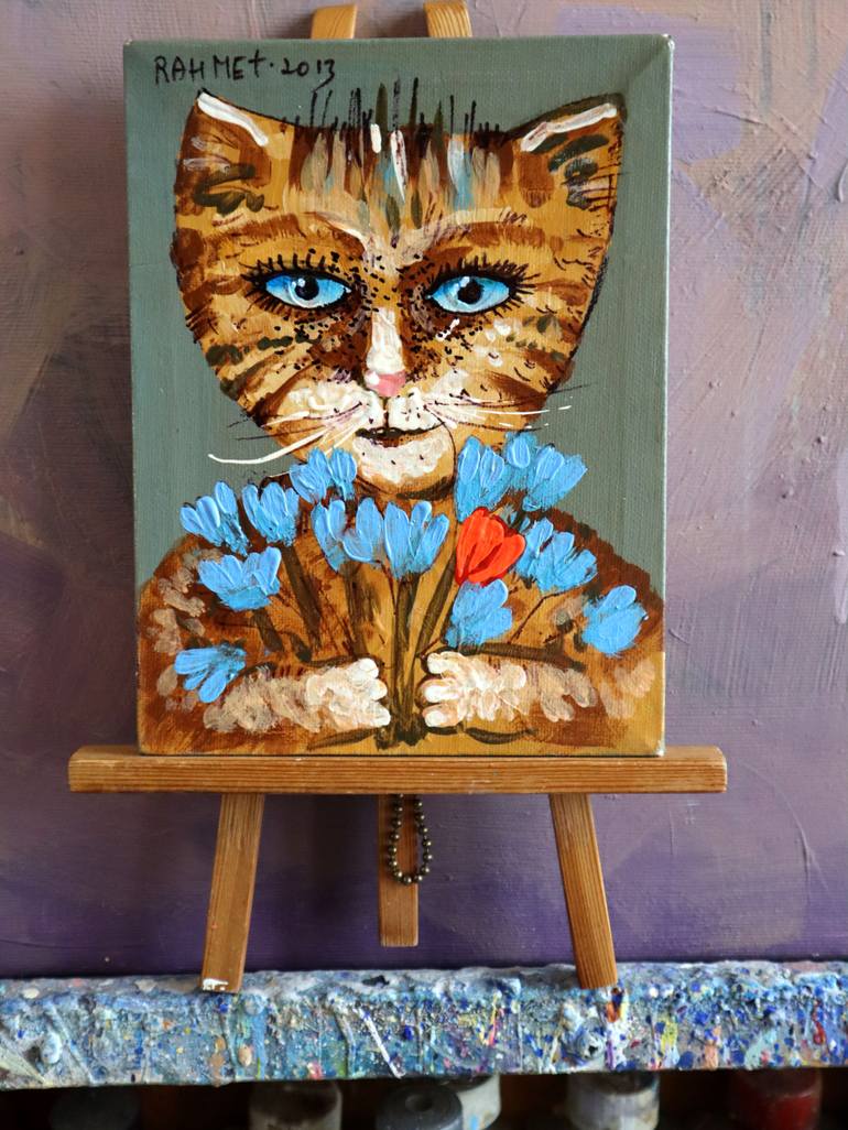 Original Impressionism Cats Painting by Rakhmet Redzhepov