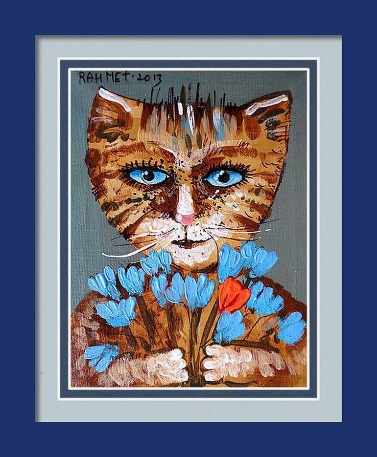 Original Impressionism Cats Painting by Rakhmet Redzhepov