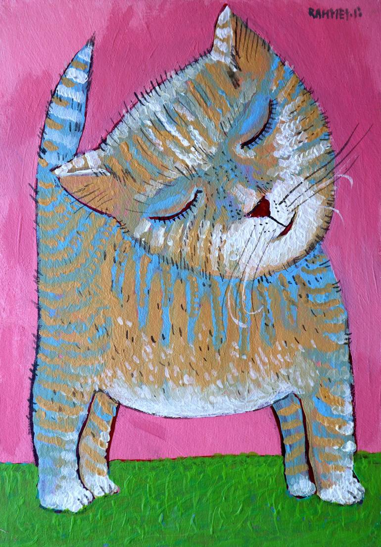 Original Impressionism Cats Painting by Rakhmet Redzhepov