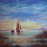 Sunrise in the Bay: linen, oil, 79x109cm. by Rakhmet Redzhepov