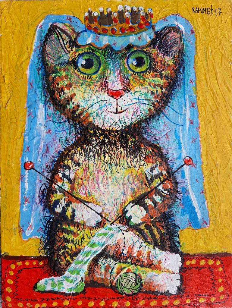 Original Impressionism Cats Painting by Rakhmet Redzhepov