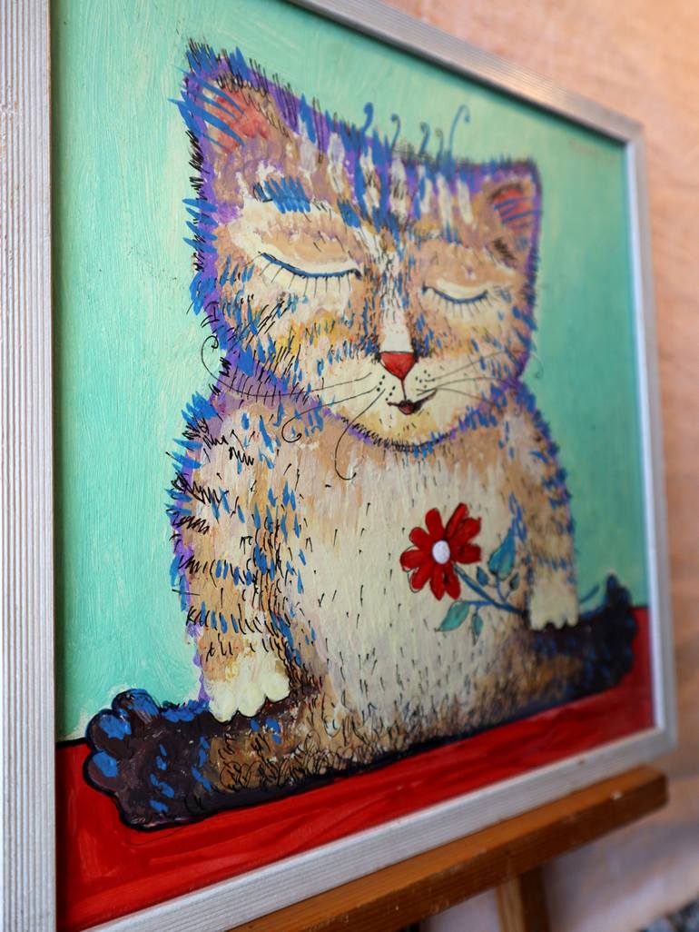 Original Impressionism Cats Painting by Rakhmet Redzhepov