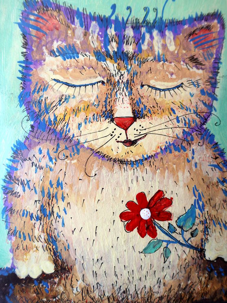 Original Impressionism Cats Painting by Rakhmet Redzhepov