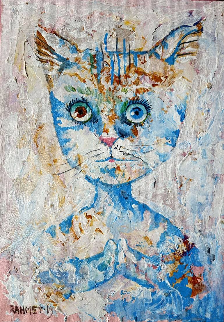 Original Impressionism Cats Painting by Rakhmet Redzhepov