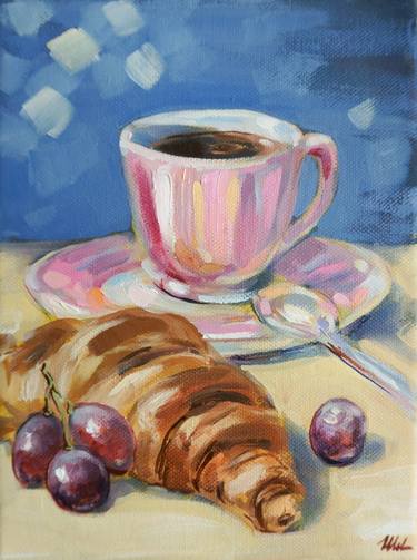 Morning coffee with croissant and bunch of grapes. thumb