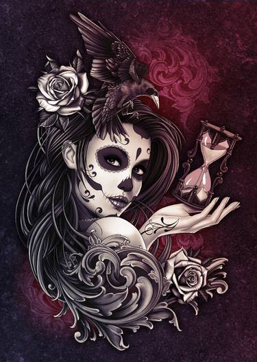 Day of the Dead Girl with Sand Timer and Roses thumb