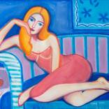 Woman In Pink On Blue by Giselle Ayupova