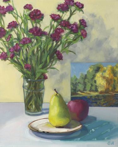 Still Life with Asters, Pear and Red Apple thumb
