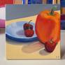 Still life oil painting of colorful pepper and cherry tomatoes. The vibrant contemporary still life makes a beautiful wall decor for a kitchen or a dining room.
The painting is ready to hang with hardware attached in the back.