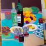 Still Life oil painting inspired by traditional Russian table with drinks, open sandwiches and colorful fruit.
In my still-life paintings I love to explore color and pattern relationships and am inspired by Matisse works.
The painting is ready to hang with hardware attached in the back.