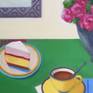 Still life oil painting on canvas of a cheerful table setting with a green table, yellow cup, cake and pink flowers in a vase. I love to drink tea and a slice of cake makes it only better.

In my still-life paintings I primarily explore color and pattern relationships and am inspired by Matisse works.

The painting is ready to hang with hanging hardware attached to the back of the painting.