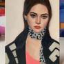 Oil painting on canvas, a portrait of a young beautiful fashionable woman with a leopard print scarf and a stylish jacket.  

The painting is ready to hang with hanging hardware attached to the back of the painting.