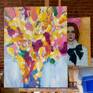 Abstract painting, oil on canvas with predominantly yellow, pink and blue colors and expressive colorful textural brushstrokes.
The painting is sold unframed but is ready to hang with the wiring in the back.