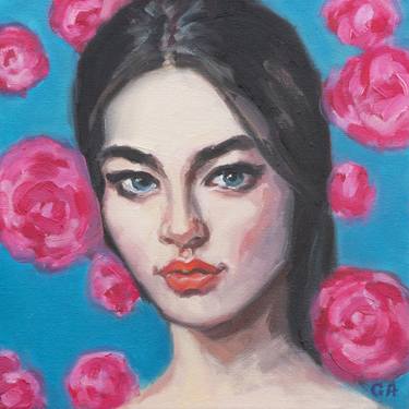 Woman With Blue Eyes And Pink Roses thumb