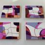 Abstract multi-panel oil painting installation with predominantly pink, purple, burgundy and off white. The colors and shapes on panels work together. The panels can be arranged in different ways into a square format, or vertically, or horizontally.
Four 12"x 12" panels (manufacturer’s measurements, in reality more like 11.875” x 11.875”) are spaced approximately 2" apart in the first photo to make 26"x 26" which can be adjusted in many ways to fit your space.