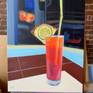 Still life painting of a table setting with a colorful tropical drink with slices of lime and pineapple with contemporary abstract background.

The painting is ready to hang with hardware attached in the back.