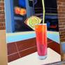 Still life painting of a table setting with a colorful tropical drink with slices of lime and pineapple with contemporary abstract background.

The painting is ready to hang with hardware attached in the back.