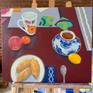 Oil on canvas still life painting from my own setting. One day I baked small Russian pies called pirozhki. They looked so appetizing that I set a still life with my favorite Gzhel porcelain cup and saucer, Lenox mug, and colorful fruit. Patterned placemats and coasters made an additional interesting element in the overall composition.

The painting is ready to hang with hardware attached in the back.