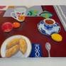 Oil on canvas still life painting from my own setting. One day I baked small Russian pies called pirozhki. They looked so appetizing that I set a still life with my favorite Gzhel porcelain cup and saucer, Lenox mug, and colorful fruit. Patterned placemats and coasters made an additional interesting element in the overall composition.

The painting is ready to hang with hardware attached in the back.