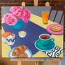 Still life oil painting of a breakfast table setting with a bouquet of peony flowers, croissant, and danish pastry, orange juice, and a cup of coffee.

The painting is ready to hang with hardware attached in the back.