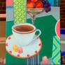Original still life oil painting on canvas of a colorful table setting with a white teacup, bonbon chocolates, and colorful fruit in the background. The painting features a mix of prints and patterns and is inspired by Henri Matisse.

The painting is ready to hang with hardware attached in the back.