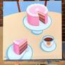Oil painting on canvas of a table setting with pink layered cake and a cup of tea or coffee.

The painting is ready to hang with hardware attached in the back.