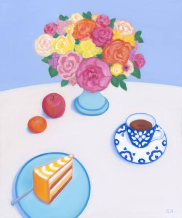 Still Life With Blue Cup, Cake, Fruit And Flowers thumb