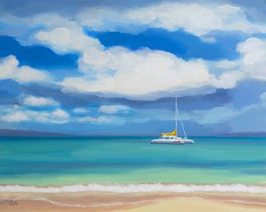 Beach Seascape With White Clouds Painting thumb