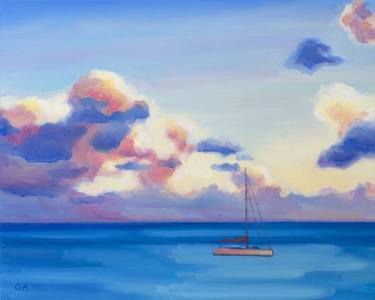 Seascape With Sunset Sky And Sailboat thumb