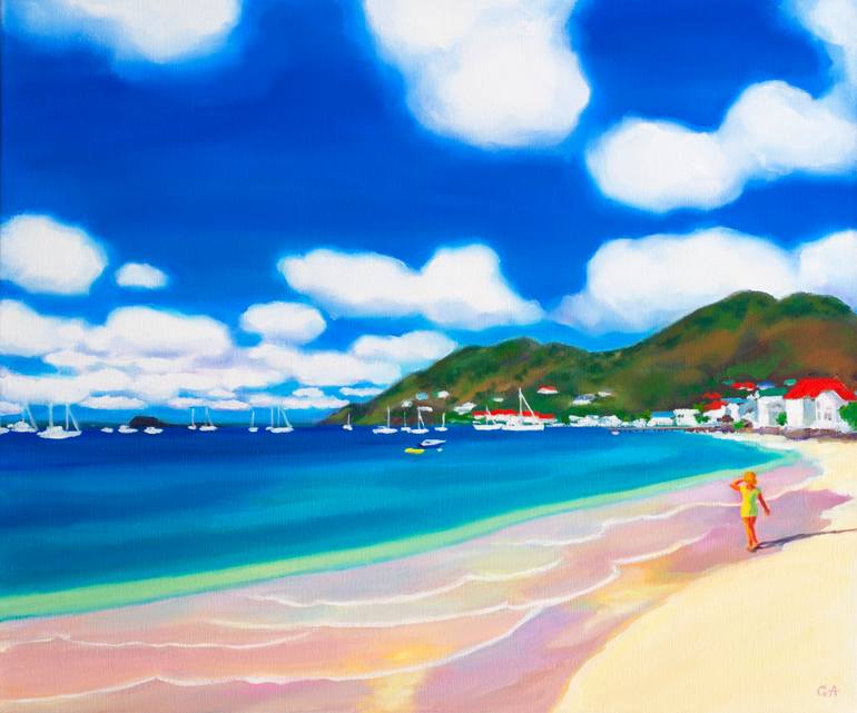 Caribbean Beach Seascape, Grand Case St Martin Painting by Giselle