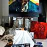 John Coltrane at the art studio, composition with paintings and albums, CDs…
