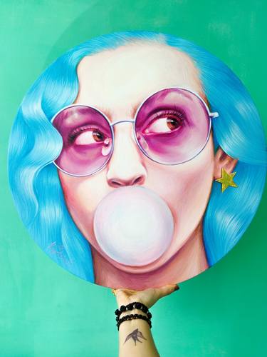 Original painting Picture "girl with bubble gum" on a round stretcher thumb