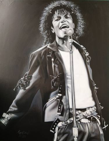Michael Jackson portrait 43*55 in Black and white image Concert Singer Original signed painting on canvas Moonwalker MJ party King of pop thumb