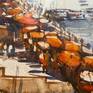 Indian temple varanasi ghat original watercolor painting for sale