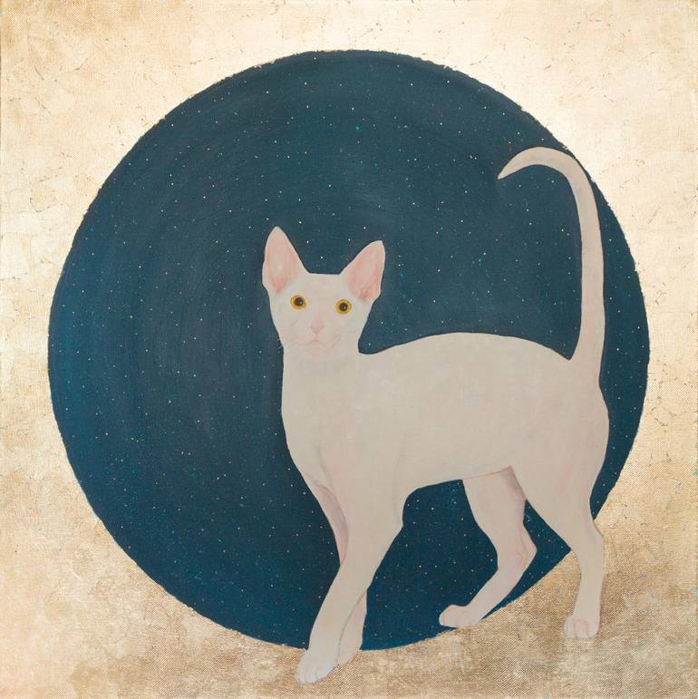 Lunar cat. Oil painting with gold leaf