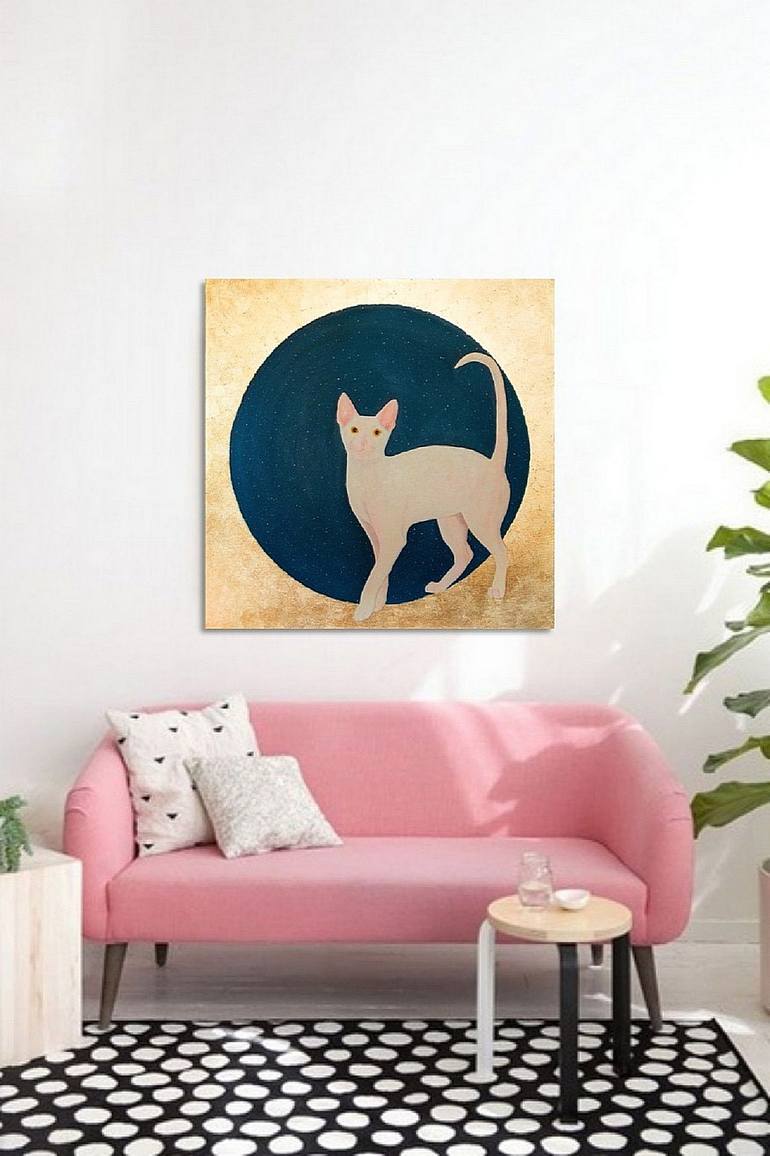 Lunar cat. Oil painting with gold leaf Painting by Yuliia Ustymenko ...