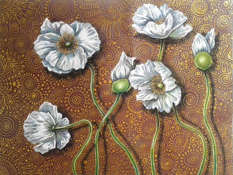 White Poppies on Brown