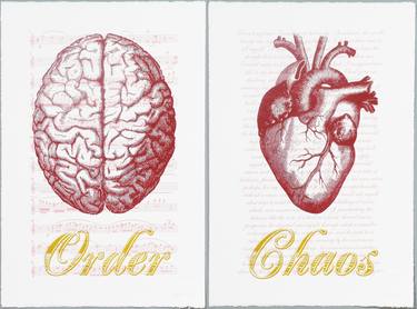 Order Chaos Script Red. Screen print with music score and prose script. thumb