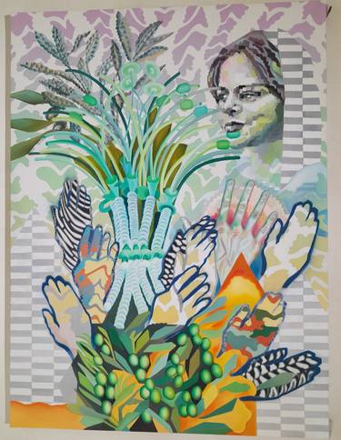 Olive fields, tropicals plastic respirators plants and a women thumb