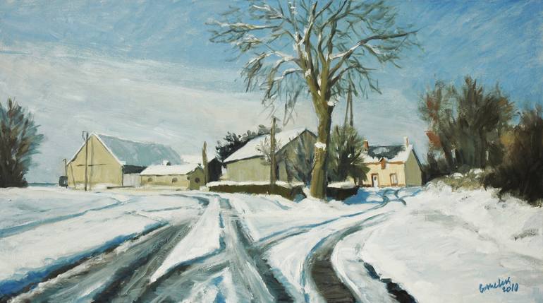 Original Landscape Painting by Cornelis Heilig | Figurative Art on Canvas | Intersection in the snow at a farmside
