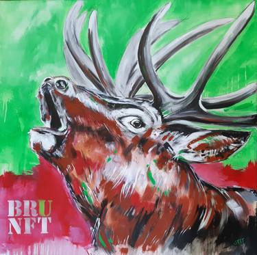 'BRUNFT' #6 - RUTTING RED DEER - WORK SERIES 'DEER IN PINK' - POPART IN PINK AND GREEN thumb