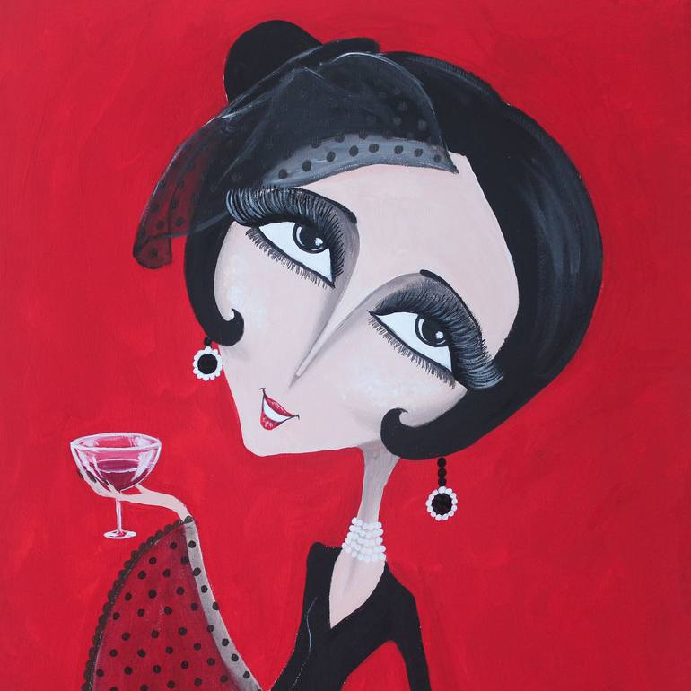 1920s lady drinks wine Painting by Elifcan Art | Saatchi Art