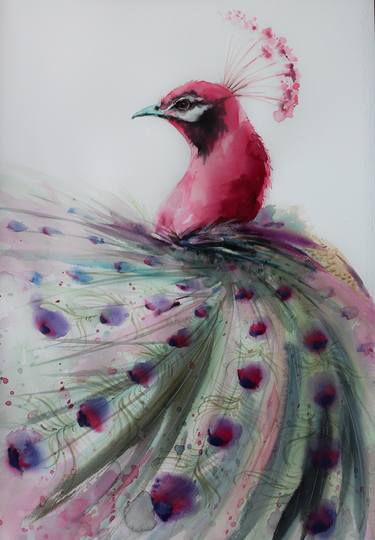 Pink Peacock bird art for decor thumb