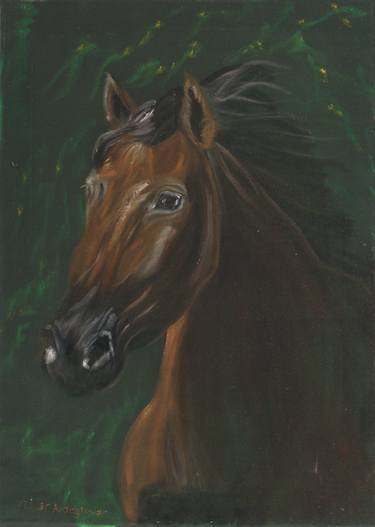 Brown horse portrait on green velvet thumb